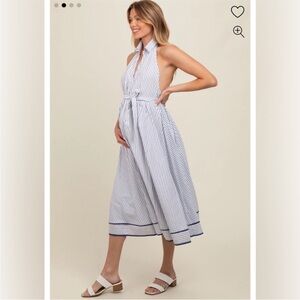 Maternity Blue and White Striped Midi Dress